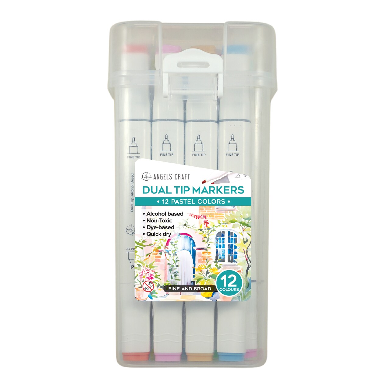 Angels Craft 12-Piece Set of Alcohol Dual Tip Markers Includes Reusable Plastic Storage Case